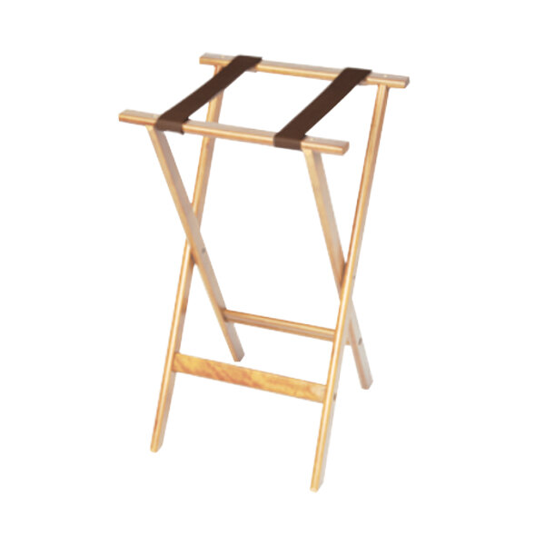 A wooden tray stand with brown straps.