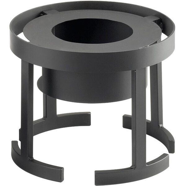 A black metal Cal-Mil chafer alternative with a round hole in the middle.