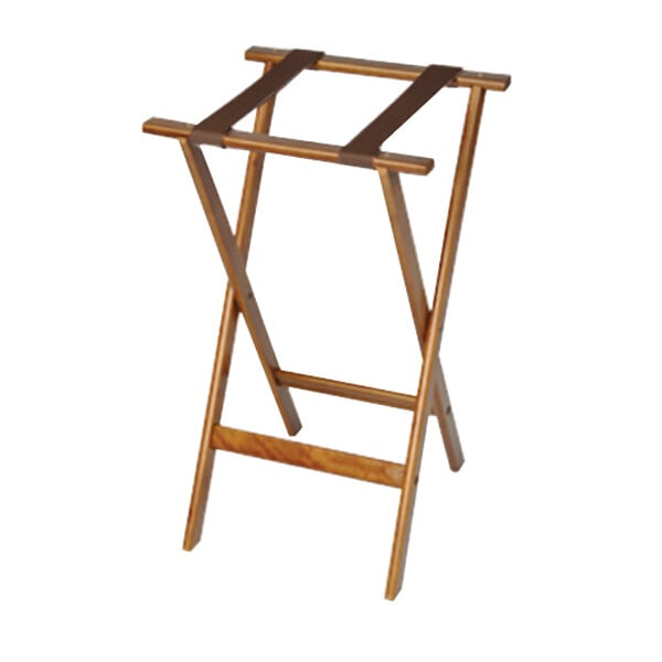 A dark walnut wooden tray stand with brown straps and two legs.