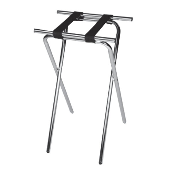 A chrome steel tray stand with black straps.