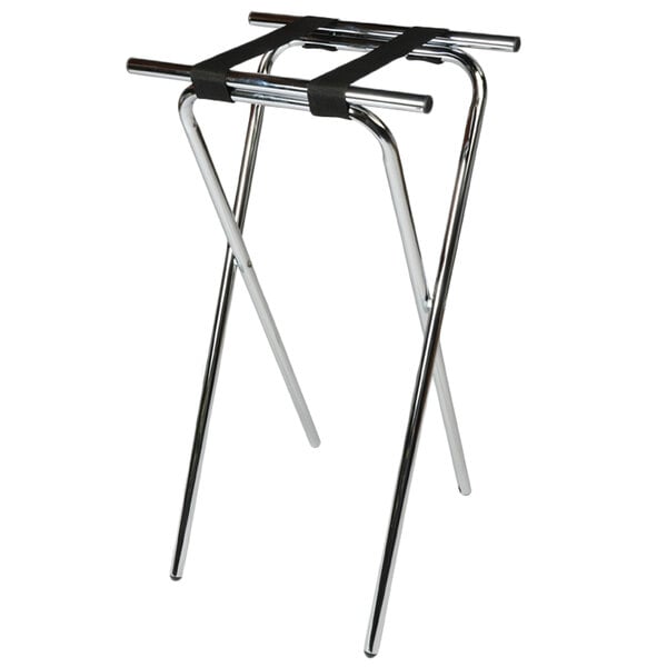 A chrome CSL steel tray stand with black straps.