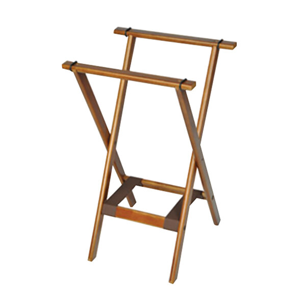 A dark walnut wood tray stand with brown straps and a handle.