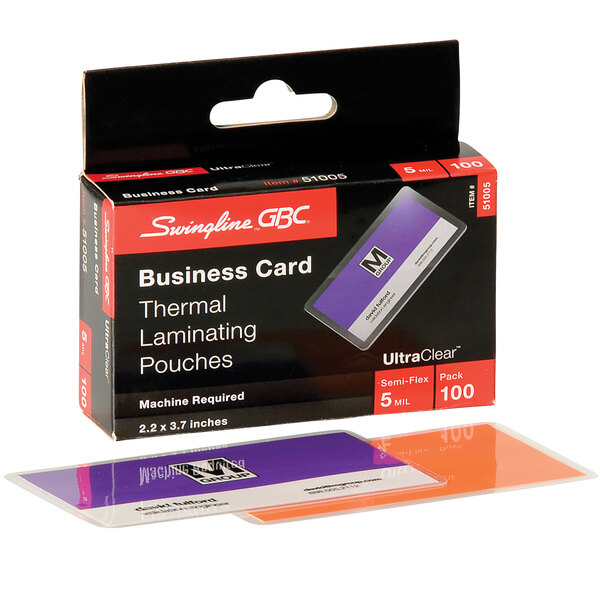 A box of Swingline UltraClear business card thermal laminating pouches.