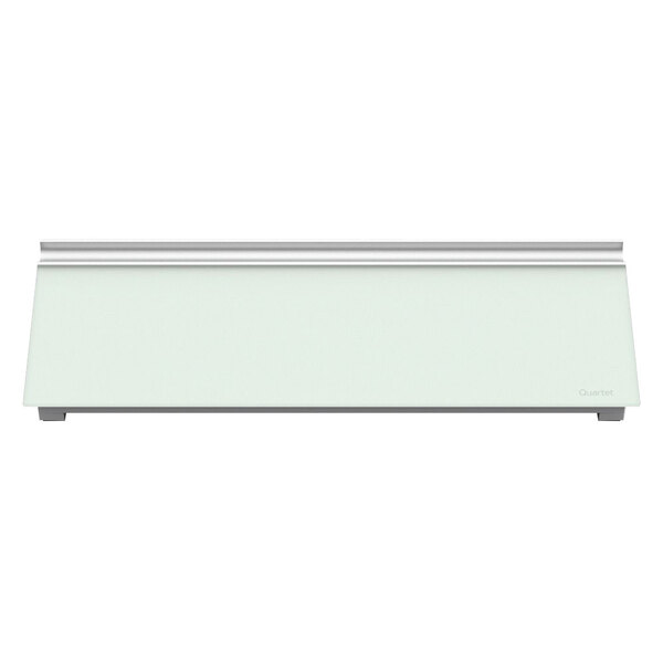 A white rectangular glass desktop dry erase board with a silver border.