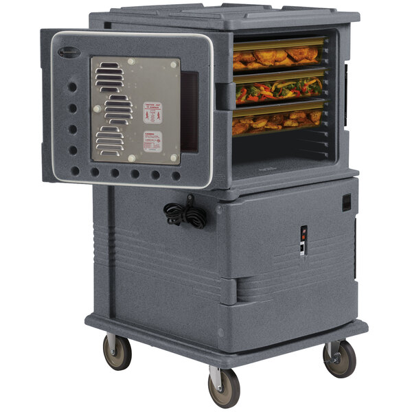 A large grey Cambro food holding cabinet on wheels with food inside.