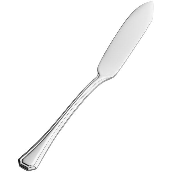 A silver butter knife with a long handle.