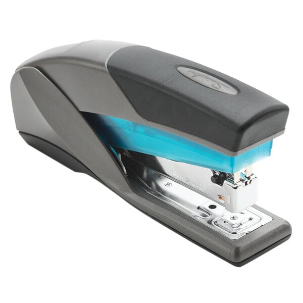 A black and grey Swingline Optima stapler with a blue handle.
