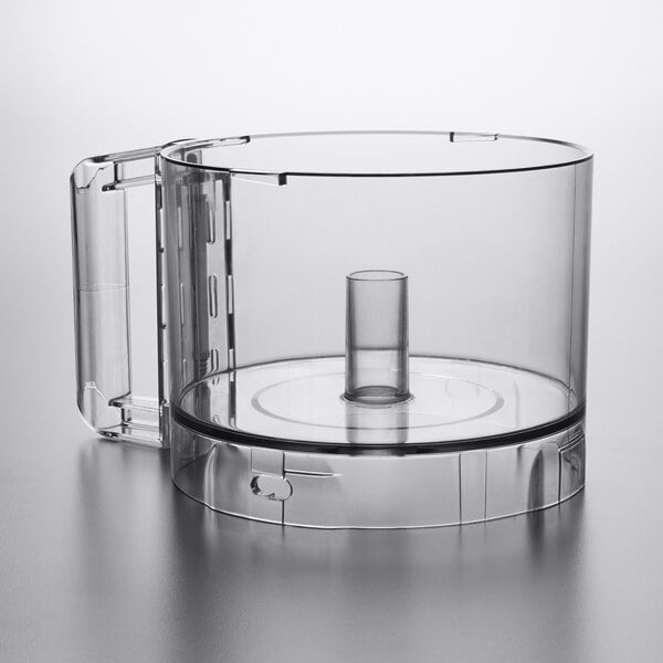 A clear plastic bowl for a Robot Coupe food processor.