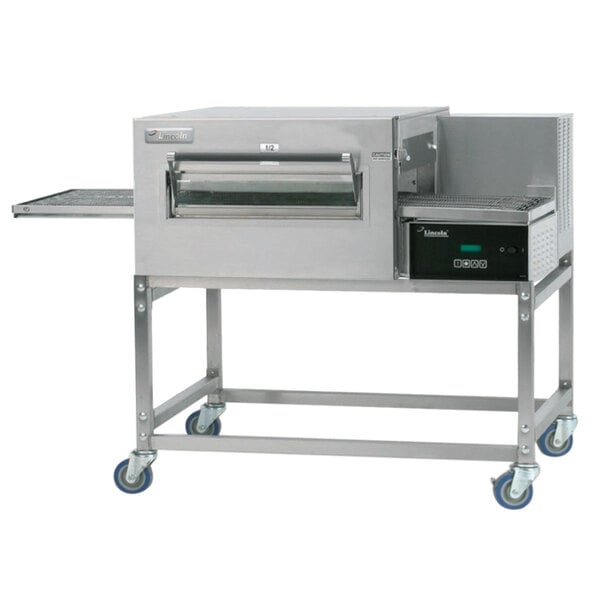 A stainless steel Lincoln Impinger conveyor oven with wheels.