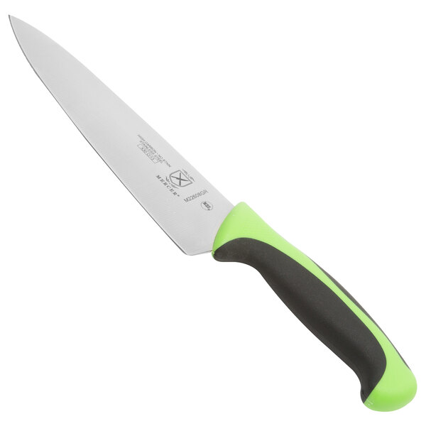 A Mercer Culinary Millennia Colors chef knife with a green handle.