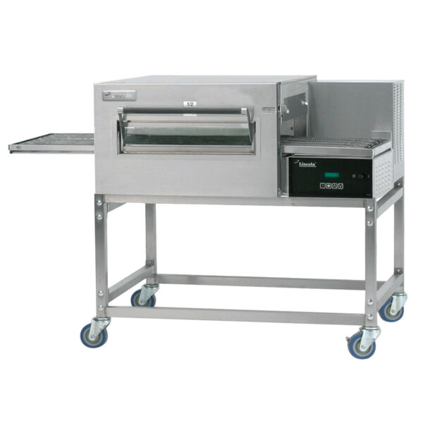 A stainless steel Lincoln Impinger conveyor oven on wheels.