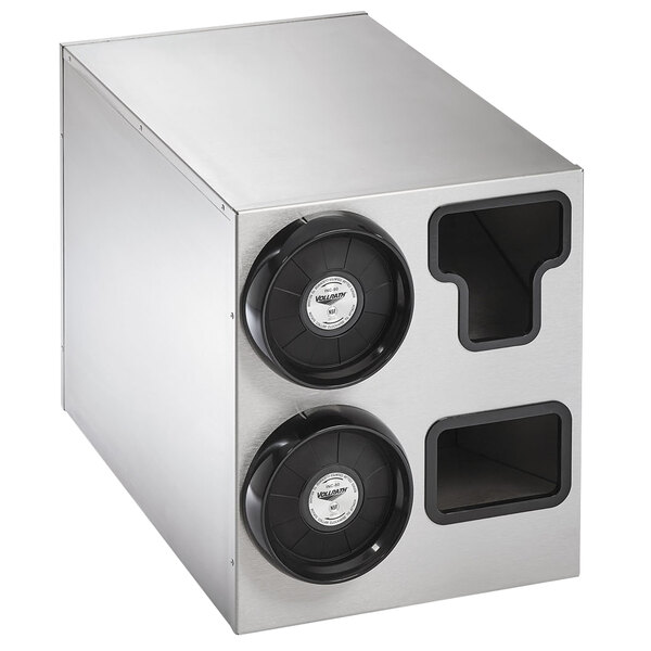 A silver Vollrath countertop cup dispenser cabinet with two black round holes.