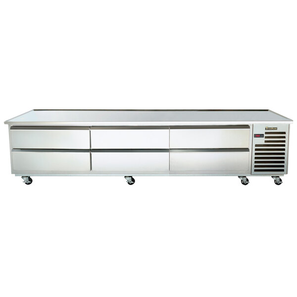 A stainless steel Traulsen refrigerated chef base with six drawers.
