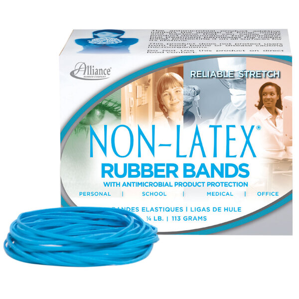 A box of Alliance non-latex blue rubber bands.