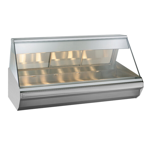 An Alto-Shaam stainless steel heated display case with angled glass doors on a countertop.