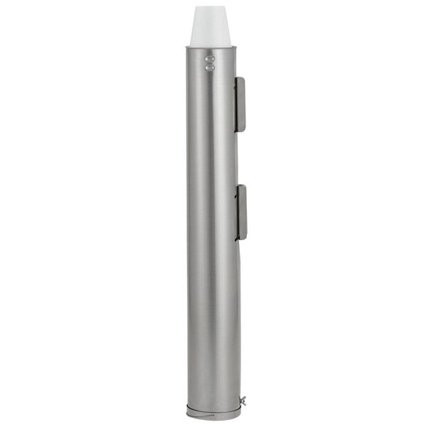 A silver cylinder with a white shade.