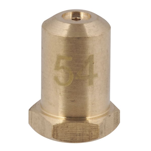 A gold metal cylinder with the number 54 on it.