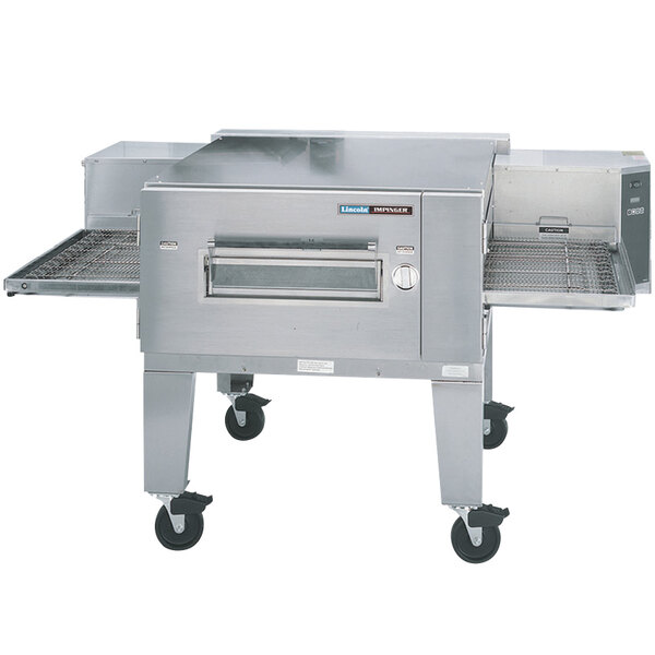 A Lincoln Impinger FastBake conveyor oven on wheels.