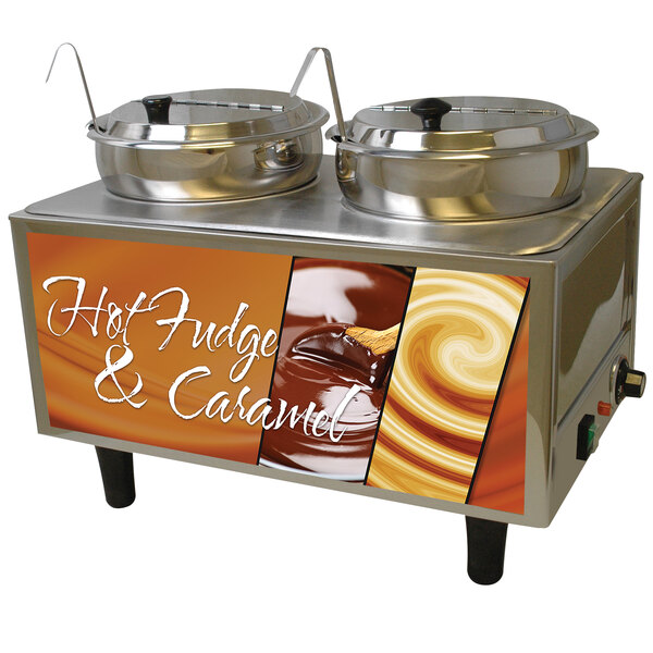 A Benchmark USA hot fudge and caramel warmer on a counter with two pots of liquid.