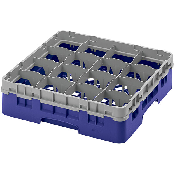 A navy blue and gray plastic Cambro glass rack with sixteen compartments.