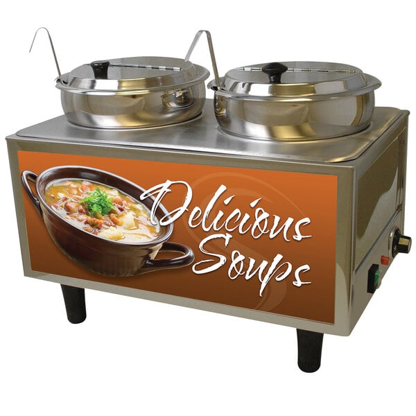 A Benchmark USA countertop soup warmer with two pots of soup in it.