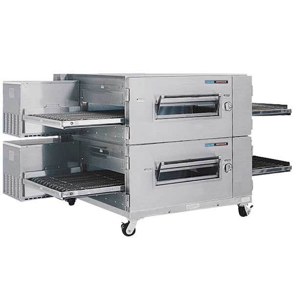 A Lincoln Impinger conveyor oven package on wheels.