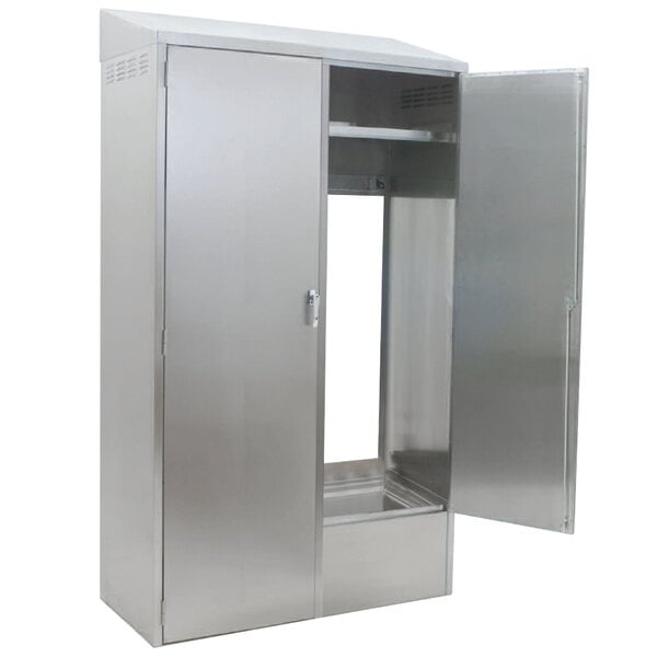 A stainless steel cabinet with a door open.