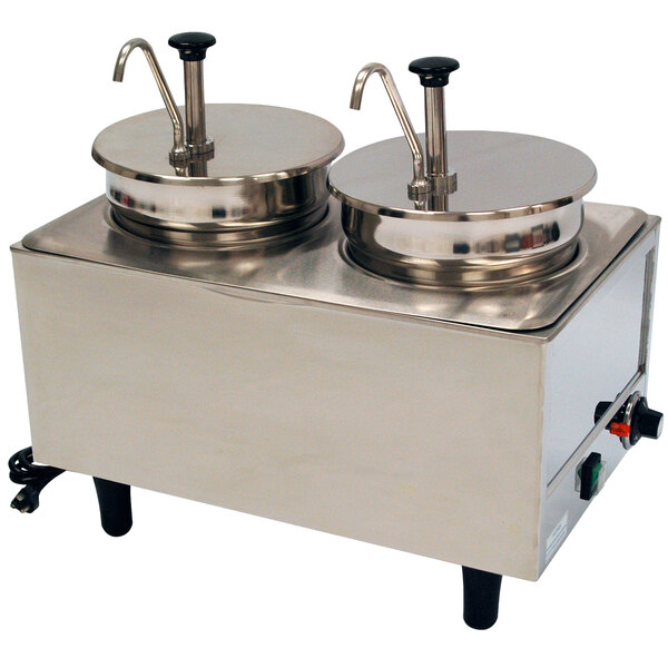 A Benchmark USA Dual condiment warmer with two stainless steel double boilers with lids.