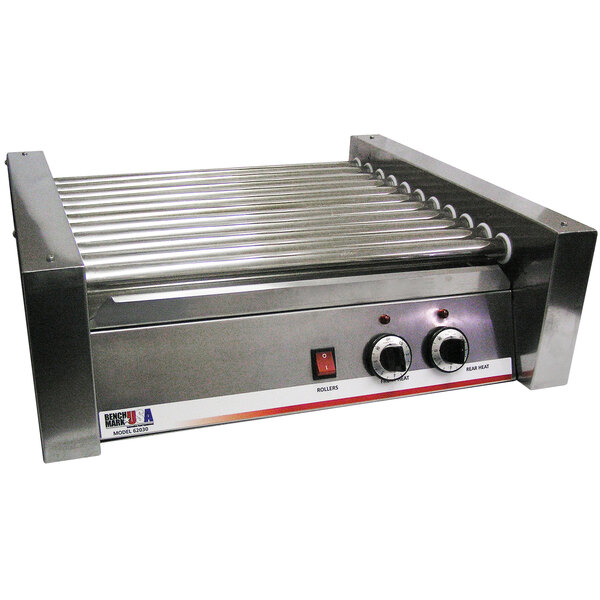 A Benchmark USA hot dog roller with a metal plate and rollers.