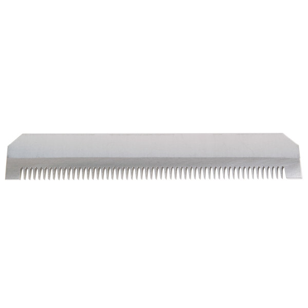 A silver metal comb with teeth.
