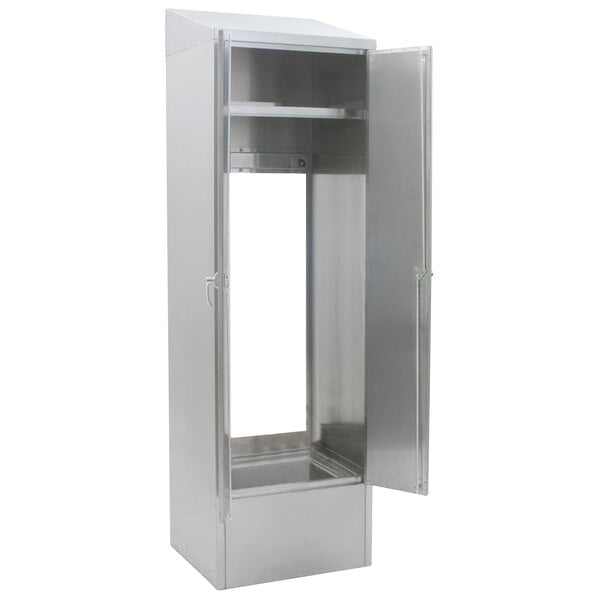 A silver metal Eagle Group mop sink cabinet with a door open.