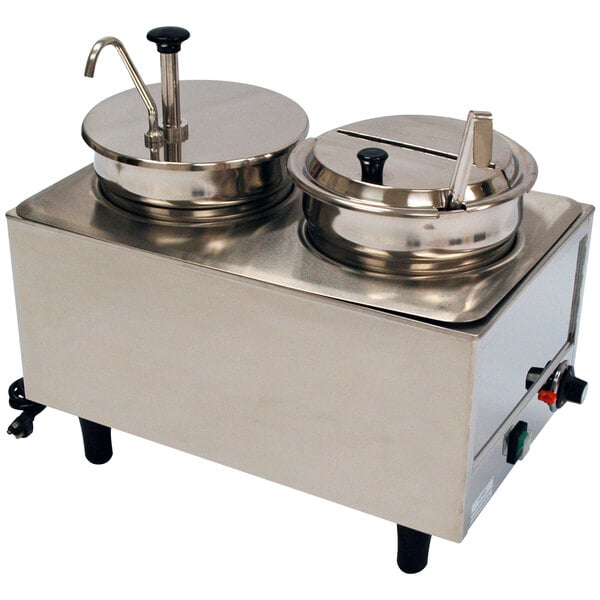 A stainless steel Benchmark USA Dual 7 Qt. Warmer with pump, ladle, and lids.