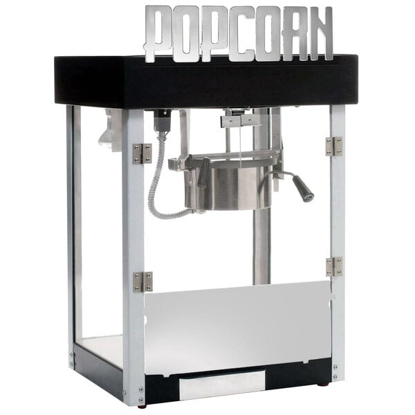 A Benchmark USA Metropolitan 4 oz. black and white popcorn machine.