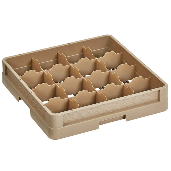 A beige plastic Vollrath cup rack with 16 compartments.