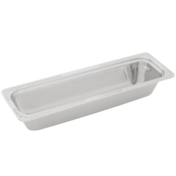 A silver rectangular Vollrath Miramar decorative food pan with a handle.