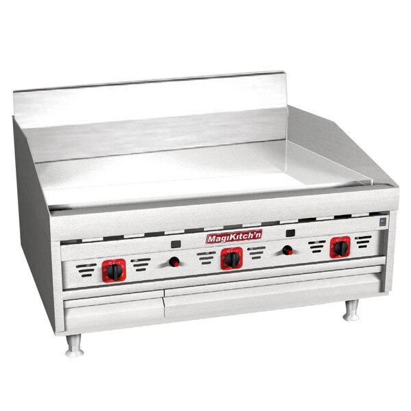A MagiKitch'n natural gas countertop griddle with thermostatic controls and two burners.