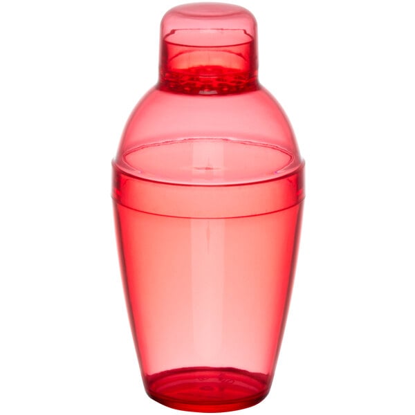 A close-up of a Fineline red plastic shaker with a lid.