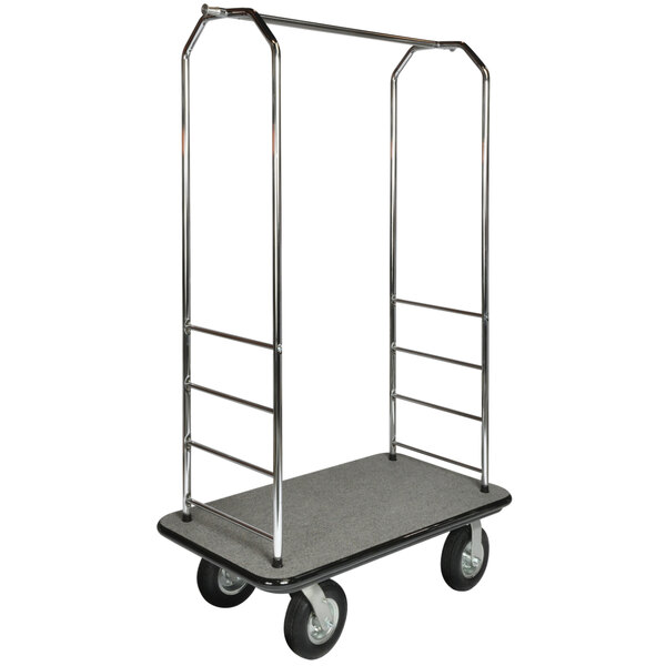 A gray brushed stainless steel CSL luggage cart with black metal bars and wheels.