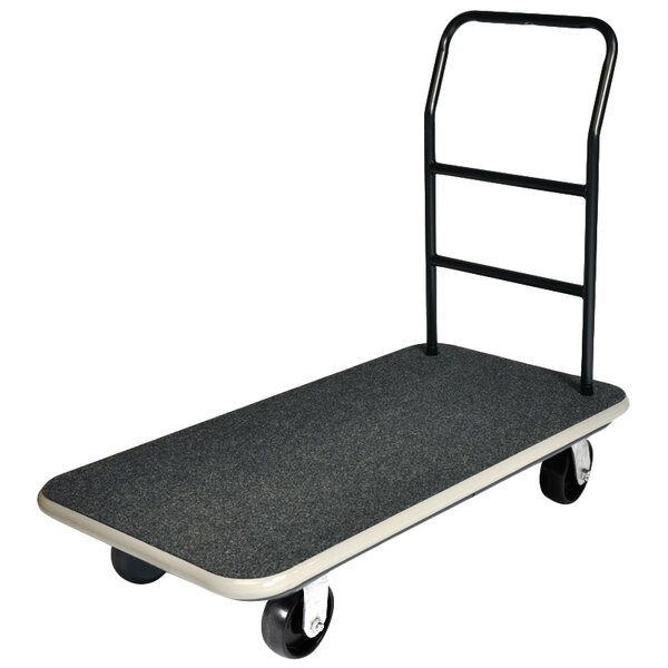 A black and gray CSL Utility Cart with wheels and a carpeted surface.