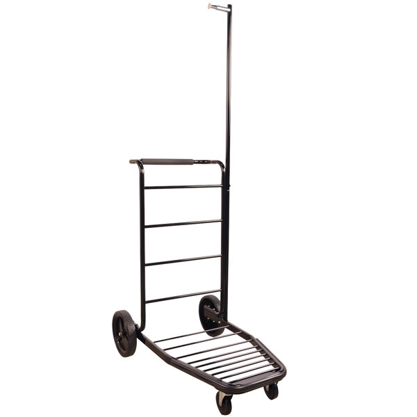 A black CSL Lug-A-Bout luggage cart with casters and a long handle.