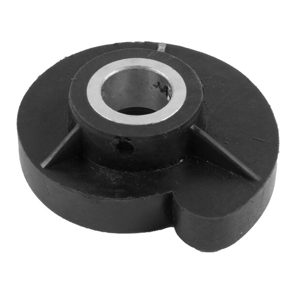 A black rubber wheel with a silver metal ring and a hole.