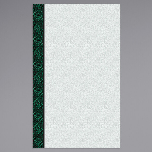 A white menu paper with a green woven border.