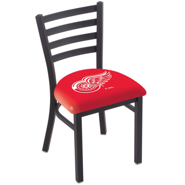 A black steel Holland Bar Stool chair with a red padded seat and Detroit Red Wings logo.