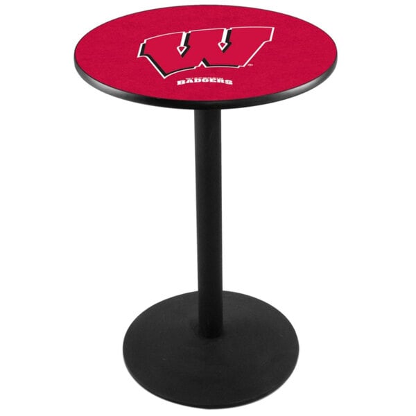 A red table with a University of Wisconsin logo on it.