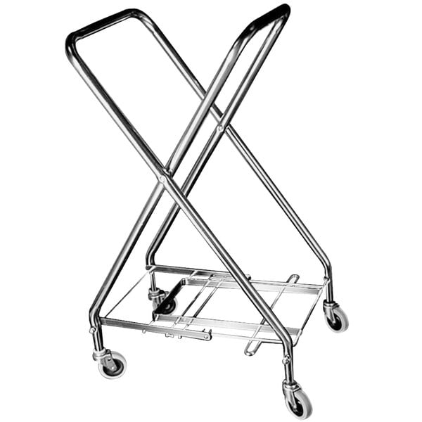A zinc plated metal hamper stand with wheels.