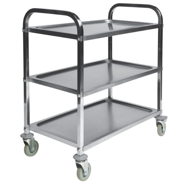 A CSL stainless steel service cart with three tiers.