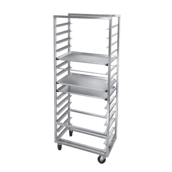 A Channel stainless steel side load sheet pan rack with four shelves on wheels.