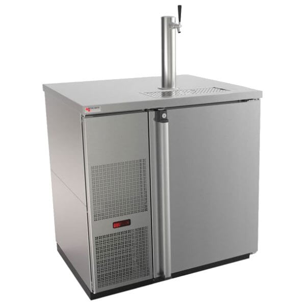 A stainless steel Micro Matic beer dispenser with a tap.