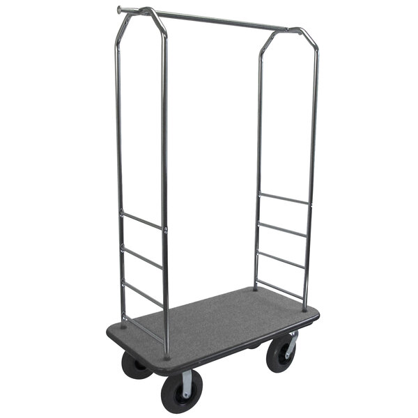 A CSL Easy-Mover Chrome luggage cart with metal handles and black wheels.