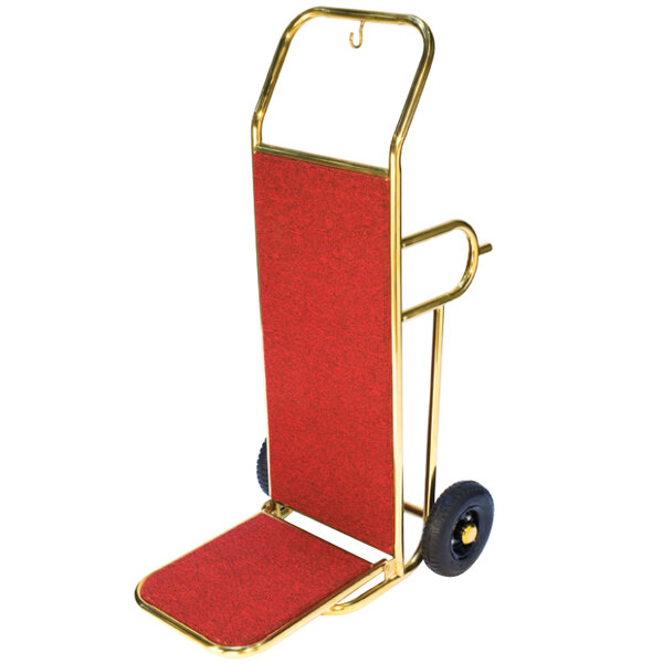 A red and gold CSL Deluxe luggage cart with wheels.